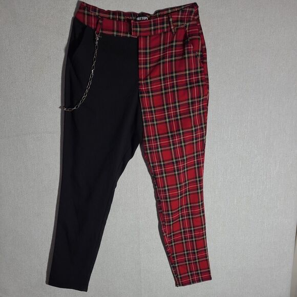 Hot Topic Plaid Split Leg Pants Removable chain Academia Medium Tartan Red Black - Picture 1 of 14